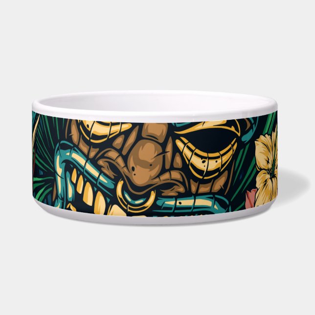 Hawaiian Tiki Masker Tropisch Patroon Voerbakje (Voorkant)