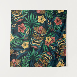 Hawaiian Tiki Masker Tropisch Patroon Wandkleed