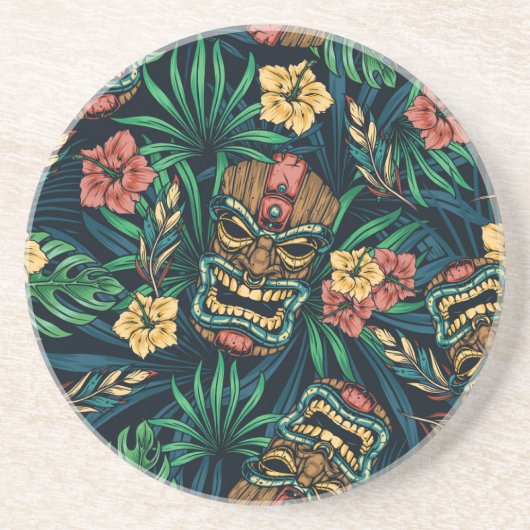 Hawaiian Tiki Masker Tropisch Patroon Zandsteen Onderzetter (Voorkant)