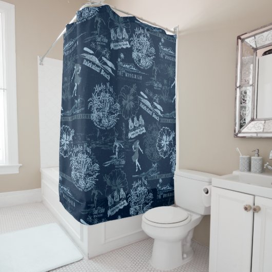 Hawaiian Travel Collage in Indigo Blue Douchegordijn (In situ)