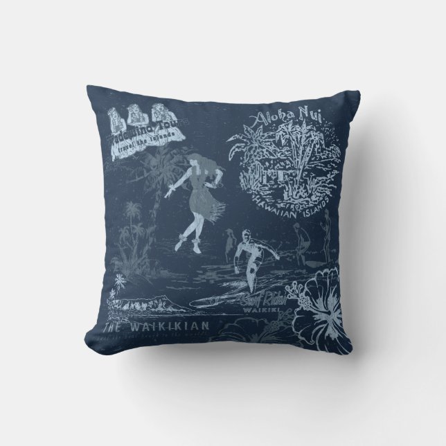  Hawaiian Travel Collage Indigo Omkeerbaar Buitenkussen (Voorkant)