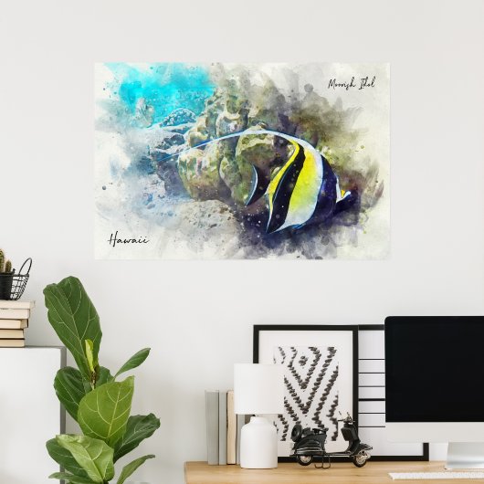 Hawaiian Tropical Fish Waterverf - Moorish Idol Poster (Thuiskantoor)