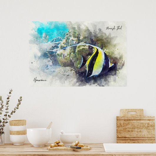 Hawaiian Tropical Fish Waterverf - Moorish Idol Poster (Keuken)