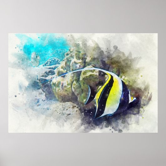 Hawaiian Tropical Fish Waterverf - Moorish Idol Poster (Voorkant)
