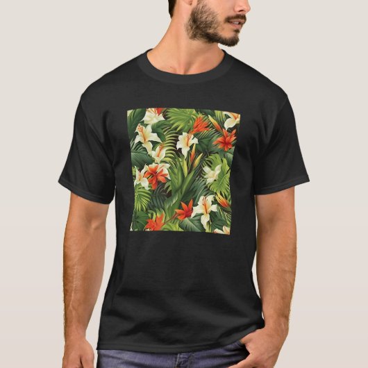 Hawaiian Tropical Flower Leaf Pattern Beach Vacati T-shirt (Voorkant)