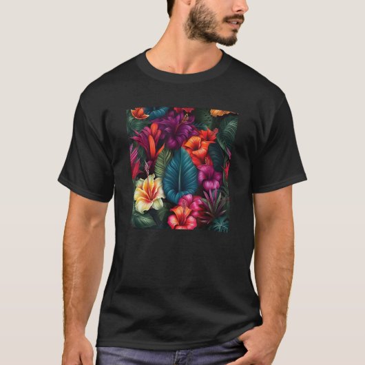 Hawaiian Tropical Flower Leaf Pattern Beach Vacati T-shirt (Voorkant)