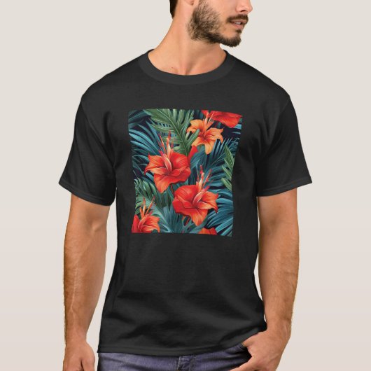 Hawaiian Tropical Flower Leaf Pattern Beach Vacati T-shirt (Voorkant)