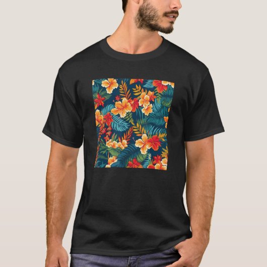 Hawaiian Tropical Flower Leaf Pattern Beach Vacati T-shirt (Voorkant)