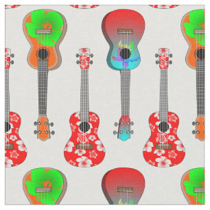 Hawaiian Ukuleles over Floral Hibiscus Stof