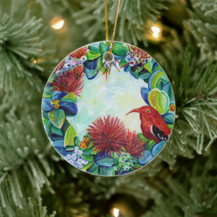 Hawaiian Wreath Iiwi Bird Lehua Mele Kalikimaka Keramisch Ornament