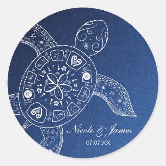 Hawaiians Zee Turtle White over Blue Beach Weddens Ronde Sticker (Voorkant)