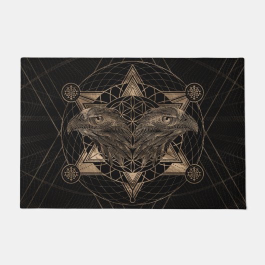 Hawk head in Sacred Geometry - Black en Gold Deurmat (Voorkant)