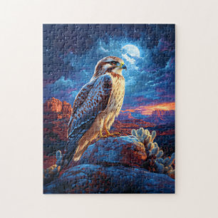 Hawk in de woestijn onder een volle maan legpuzzel