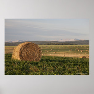 Hay balt in een gebied met berggebieden op zonsopg poster
