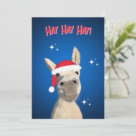 Hay Hay Hay Pun Donkey Santa Hat Kerstmis Feestdagenkaart (Staand voorkant)