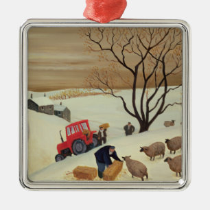 Hay naar de schapen brengen door tractor metalen ornament