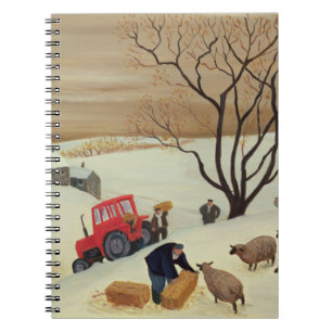 Hay naar de schapen brengen door tractor notitieboek