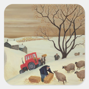 Hay naar de schapen brengen door tractor vierkante sticker