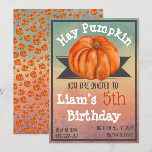 Hay Pumpkin Fall Birthday Party Invitation Kaart (Voorkant / Achterkant)