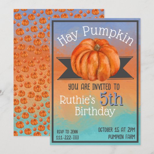 Hay Pumpkin Fall Birthday Party Invitation Kaart (Voorkant / Achterkant)