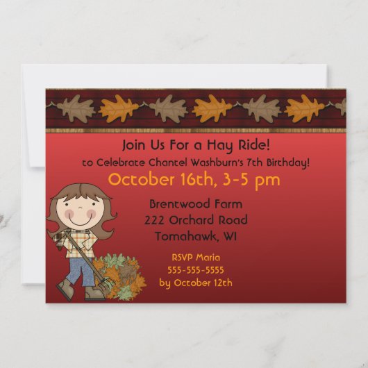 Hay Ride Autumn Party Invitation (meisje) Kaart (Achterkant)