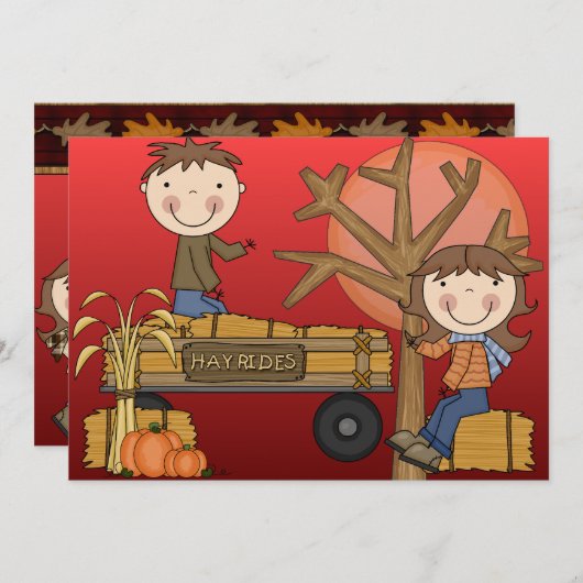 Hay Ride Autumn Party Invitation (meisje) Kaart (Voorkant / Achterkant)