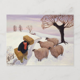 Hay vervoeren naar de schapen in de winter briefkaart