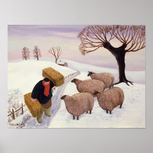 Hay vervoeren naar de schapen in de winter poster (Voorkant)