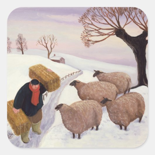 Hay vervoeren naar de schapen in de winter vierkante sticker (Voorkant)