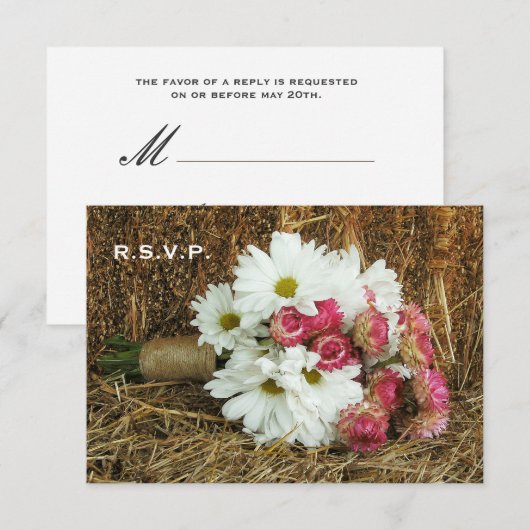 Hay Wedding RSVP - Daisy & Pink Bouquet (Voorkant / Achterkant)
