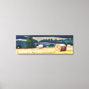 Haybales op heuvelolie op canvas afdruk