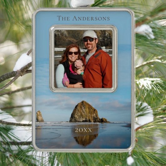 Haystack Rock Family Photo Cannon Beach met Kerstm Verzilverd Omlijst Ornament