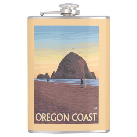 Haystack Rock Vintage Travel Poster Heupfles (Voorkant)