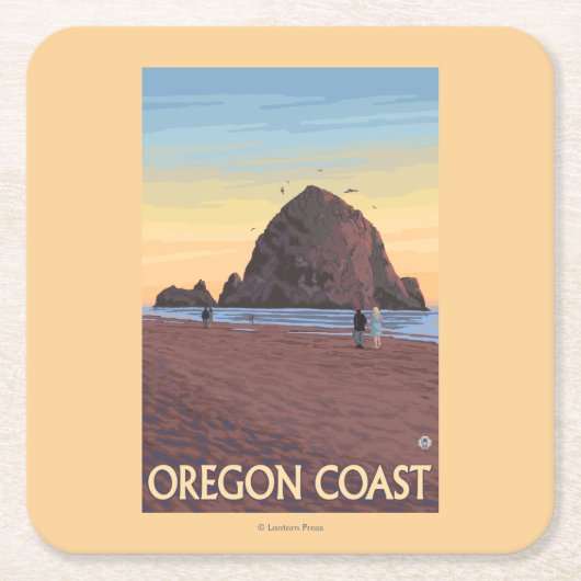 Haystack Rock Vintage Travel Poster Kartonnen Onderzetters (Voorkant)