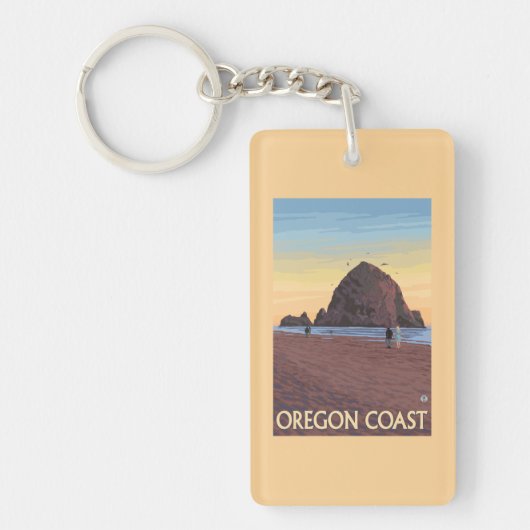 Haystack Rock Vintage Travel Poster Sleutelhanger (Voorkant)