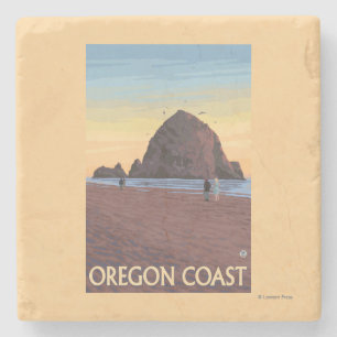Haystack Rock Vintage Travel Poster Stenen Onderzetter