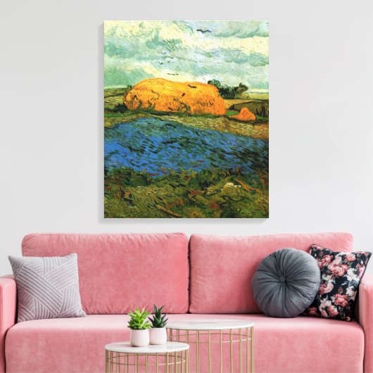 Haystacks onder een Rainy Sky van Vincent van Gogh Canvas Afdruk (Insitu (Woonkamer))