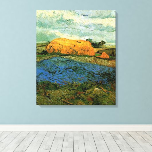 Haystacks onder een Rainy Sky van Vincent van Gogh Canvas Afdruk (Insitu (Houten vloer))