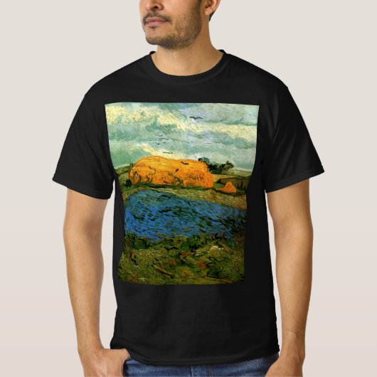 Haystacks onder een Rainy Sky van Vincent van Gogh T-shirt (Voorkant)