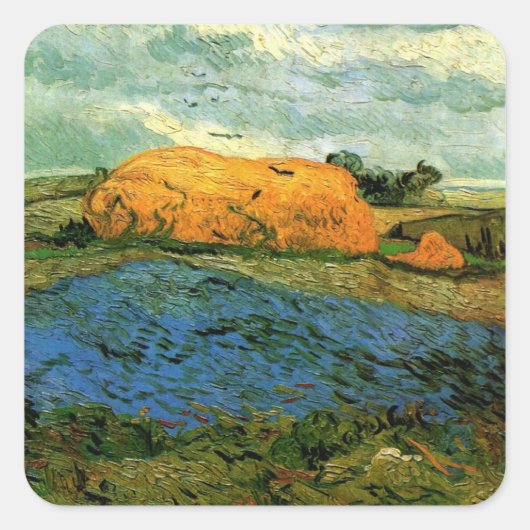 Haystacks onder een Rainy Sky van Vincent van Gogh Vierkante Sticker (Voorkant)