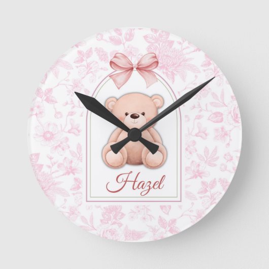 Hazel | Aangepaste Roze Teddybeer Nursery Design Ronde Klok (Voorkant)