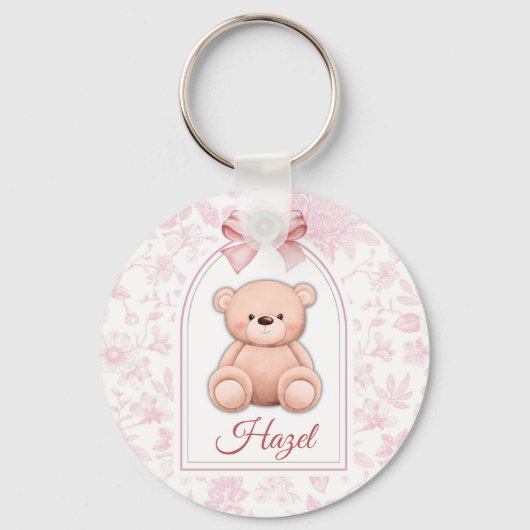 Hazel | Aangepaste Roze Teddybeer Nursery Design Sleutelhanger (Voorkant)