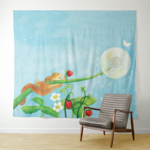 Hazel Dormouse, wilde aardbeien en dandelion Wandkleed
