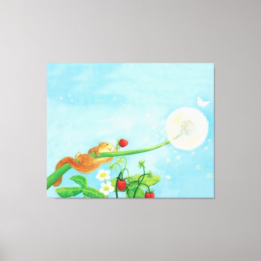Hazel Dormouse, wilde aardbeien en dandelionpuff Canvas Afdruk (Voorkant)