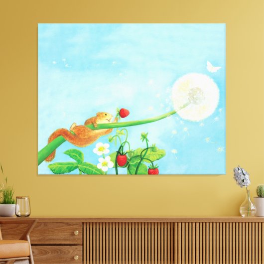 Hazel Dormouse, wilde aardbeien en dandelionpuff Canvas Afdruk (Insitu (Woonkamer))