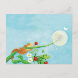 Hazel Dormouse, wilde aardbeien en dandelionpuff Feestdagenkaart