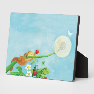 Hazel Dormouse, wilde aardbeien en dandelionpuff Fotoplaat