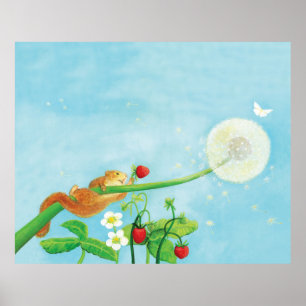 Hazel Dormouse, wilde aardbeien en dandelionpuff Poster