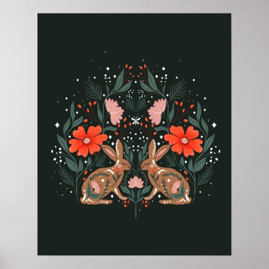 Hazen met bloemen en Noordse ornamenten Poster (Voorkant)