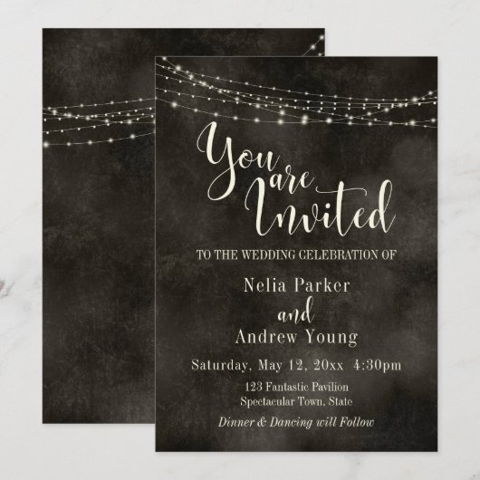 Hazy Black, Light String "You are Invited" Wedding Kaart (Voorkant / Achterkant)